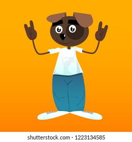 Funny cartoon dog with hands in rocker pose. Vector illustration.