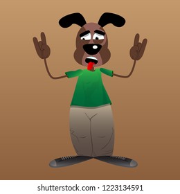 Funny cartoon dog with hands in rocker pose. Vector illustration.