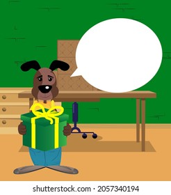 Funny cartoon dog holding big gift box. Vector illustration.