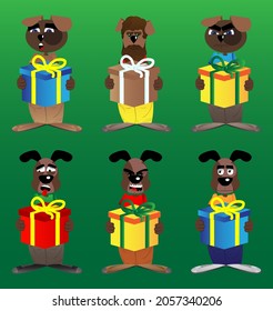 Funny cartoon dog holding big gift box. Vector illustration.