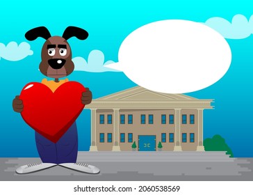 Funny cartoon dog holding big red heart. Vector illustration.