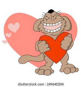 Funny cartoon dog holding big red heart with a big pink heart backdrop. Wedding or Valentine's day romantic illustration.