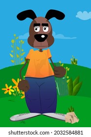 Funny cartoon dog holding a bottle. Vector illustration.