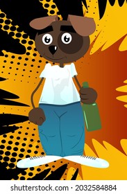 Funny cartoon dog holding a bottle. Vector illustration.