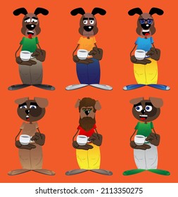 Funny cartoon dog holding a cup of coffee. Vector illustration.