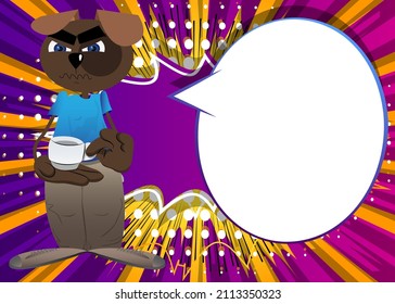 Funny cartoon dog holding a cup of coffee. Vector illustration.