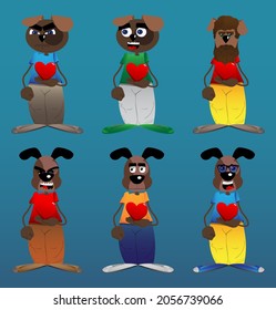 Funny cartoon dog holding red heart in his hand. Vector illustration.