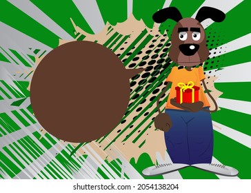 Funny cartoon dog holding small gift box. Vector illustration.