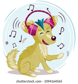 Funny cartoon dog, hound with headphones, earphones listen to music vector illustration