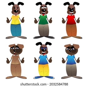 Funny cartoon dog making thumbs up sign with two hands. Vector illustration.