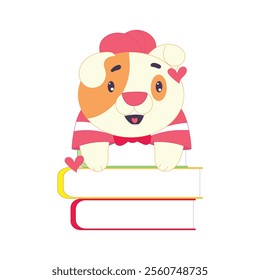 Funny cartoon dog on a stack of books, education-themed illustration, perfect for learning materials.