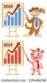 Funny cartoon dog and pig as symbols of New Year 2018 and 2019 making a presentation. Vector illustration. Elements is grouped. On white background. No transparent objects.