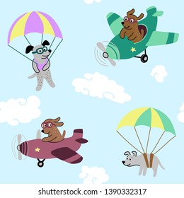 Funny cartoon dog pilots on airplanes and parautes. Childish seamless pattern for boys with funny creative dogs and dogs. Vector Illustration. Perfect for kids apparel, fabric, textile.