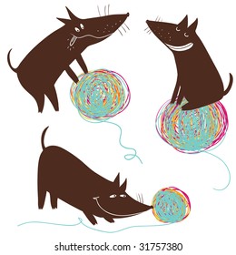 Funny cartoon dog playing with a colorful ball