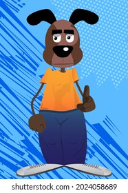 Funny cartoon dog pointing at the viewer with his hand. Vector illustration.