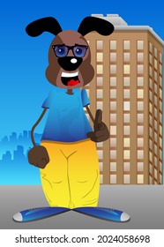 Funny cartoon dog pointing at the viewer with his hand. Vector illustration.