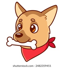 Funny cartoon dog portrait drawing with bone and red bandana. Cute German shepherd vector illustration.