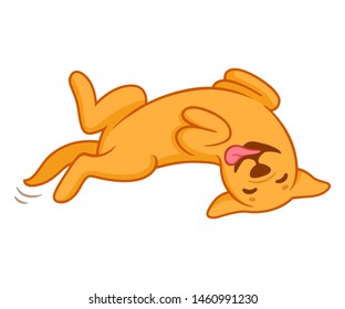 Funny Cartoon Dog Rolling On Its Back With Belly Up. Cute Friendly Golden Labrador Retriever Asking For Tummy Rubs. Vector Clip Art Illustration.