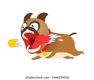 Funny cartoon dog running after tennis ball. Cute puppy vector illustration.
