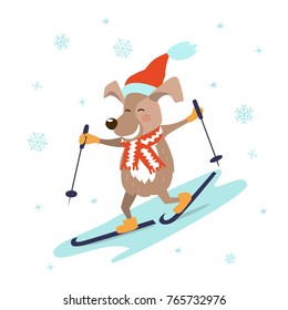 funny cartoon dog in santa hat and scarf skiing isolated vector illustration