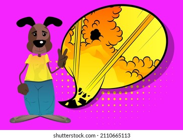 Funny cartoon dog showing the V sign, peace hand gesture. Vector illustration.