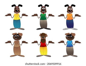 Funny cartoon dog shrugs shoulders expressing don't know gesture. Vector illustration.