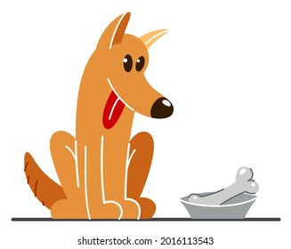 Funny cartoon dog sitting near his bowl satiated and happy vector flat style illustration isolated on white, cute and adorable domestic animal friend.