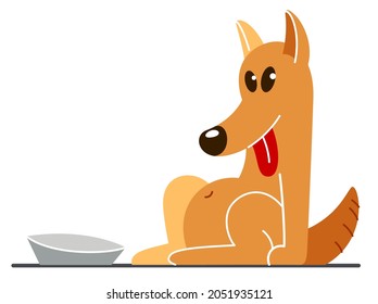 Funny cartoon dog sitting near his bowl satiated and happy vector flat style illustration isolated on white, cute and adorable domestic animal friend.