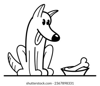 Funny cartoon dog sitting near his bowl satiated and happy vector flat style illustration isolated on white, cute and adorable domestic animal friend.