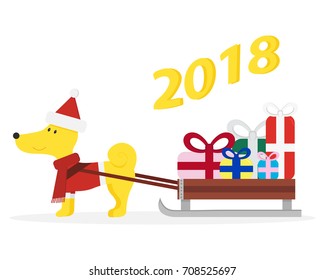 Funny cartoon dog with sleigh and gifts. 2018 New Year symbol. Flat style. Vector illustration.