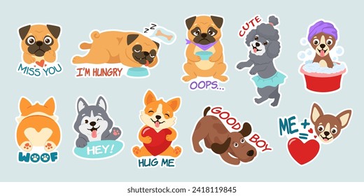 Cómplices de dibujos animados para perros. Personajes adorables de cachorro, tira y buen chico de la ilustración vectorial de mascotas, animal de cachorro, tierno dibujo adorable pegatina