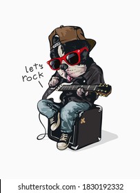 Funny Cartoon Dog In Sunglasses With Electric Guitar Illustration