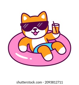 Funny cartoon dog in sunglasses on pool float holding drink glass. Cute Shiba Inu character on summer pool party. Vector clip art illustration.