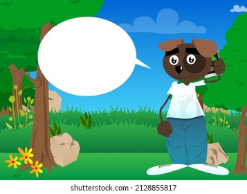 Funny cartoon dog talking on cell phone. Vector illustration. Mobile Communication Concept.