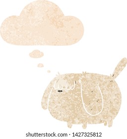 funny cartoon dog with thought bubble in grunge distressed retro textured style