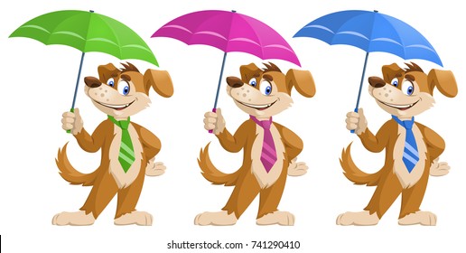 Funny cartoon dog in a tie with umbrella. Cartoon styled vector illustration. Isolated on white. No transparent objects.