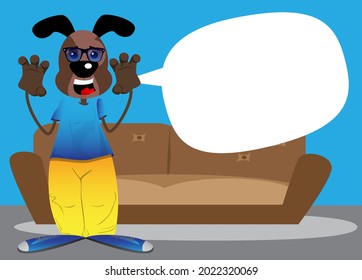 Funny cartoon dog is trying to scare you. Vector illustration. Playing, enjoying being bad.
