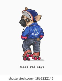 funny cartoon dog in vintage roller skate illustration