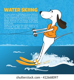 Funny cartoon dog water skiing. Happy moments. Leisure. Summer sports. Caricature. Vector illustration