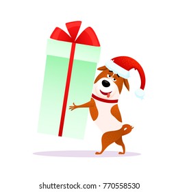 Funny cartoon dog with Xmas gift in its hands. Flat character in Santa Claus hat for Christmas or New Year 2018. Puppy Terrier hugs present isolated on white background. Christmas vector illustration.