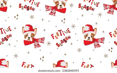 Funny cartoon doggy head and hand lettering Festive Season.Winter holidays seamless pattern with cute animal character in warm scarf and red hat.Christmas vector seasonal background with snowflakes.