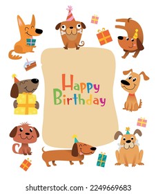 Funny cartoon dogs for birthday card or party invitation. Vector illustration