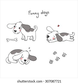 Funny cartoon dogs with a bone on white background. 