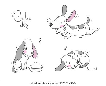 Funny cartoon dogs with a bone on white background. Hand drawn vector