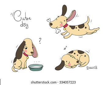 Funny cartoon dogs with a bone on white background. Hand drawn vector.