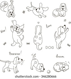 Funny cartoon dogs with a bone on white background. Coloring book.
