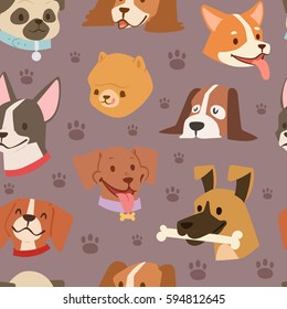 Funny cartoon dogs characters different breads doggy puppy illustration. Furry human friends cute animals seamless pattern background