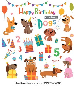 Funny cartoon dogs and design elements for birthday card or party invitation. Vector illustration