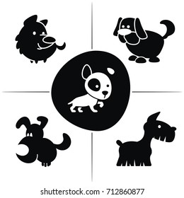 Funny cartoon dogs, different characters, puppy illustration. Human friends, cute animals. Zodiac Dog. Set of silhouettes on white background. Logo signs.