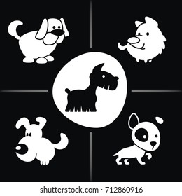 Funny cartoon dogs, different characters, doggy puppy illustration. Human friends, cute animals. Zodiac Dog. Set of silhouettes on black background.